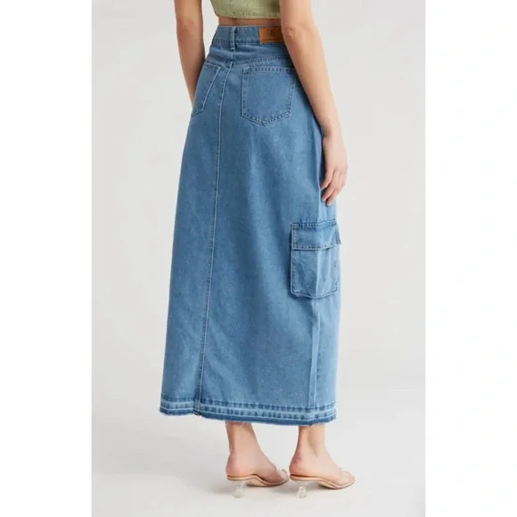 Flying Angel Medium Wash Cargo Denim Maxi Skirt, 27